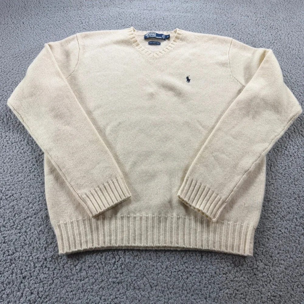 Polo Ralph Lauren Mens Cream 100% Lambswool V-Neck Pony Logo Sweater Large
